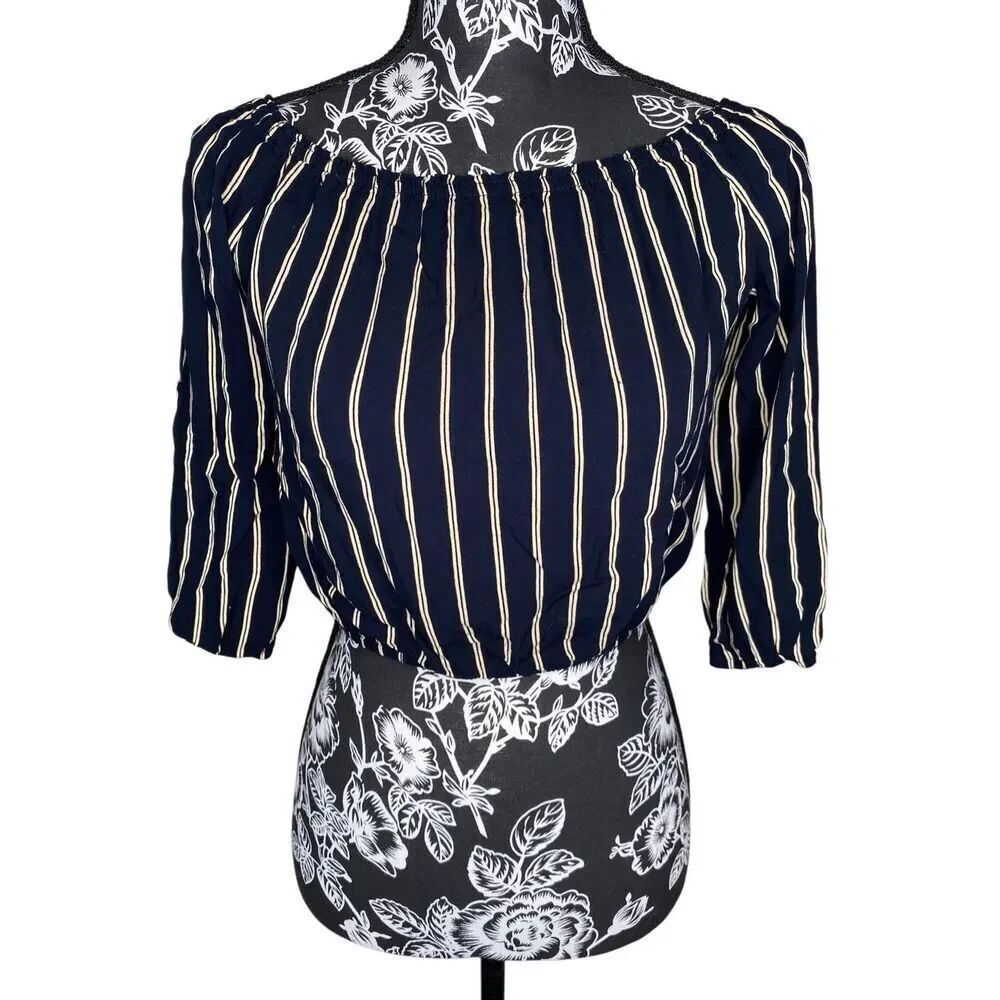 Brandy Melville Navy Stripe Off Shoulder Peasant Top Rayon Puff Sleeve Blouse